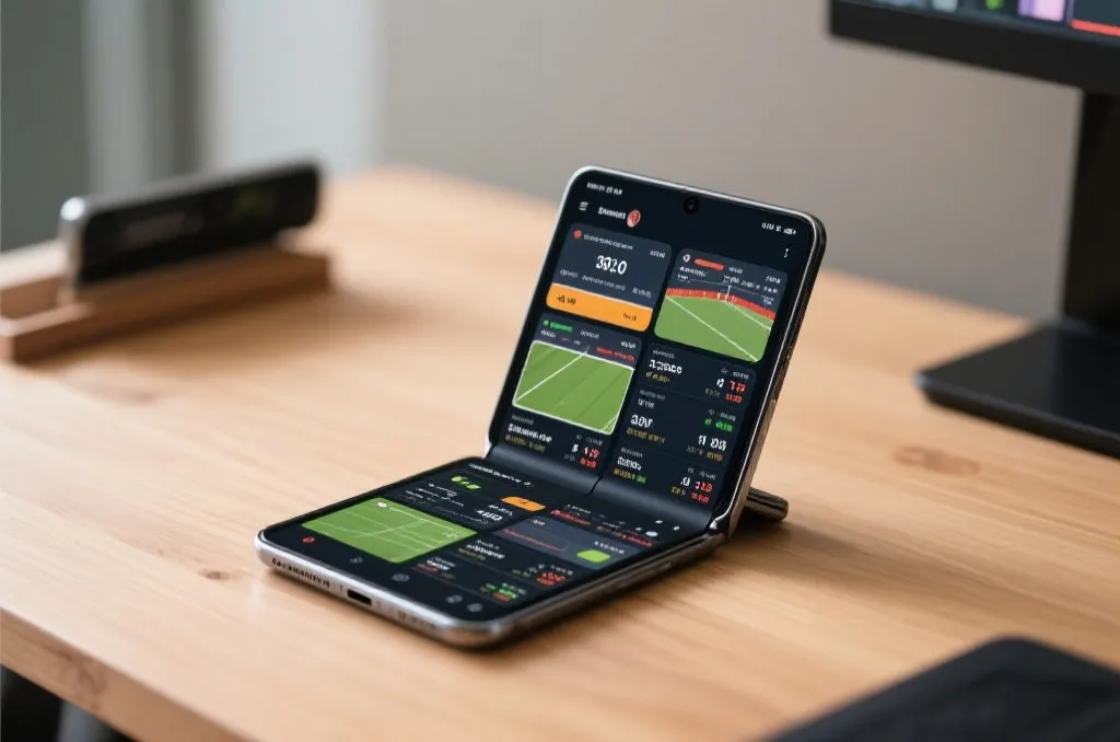 An open foldable smartphone on a clean wooden desk showing a multi-window interface with various sports match statistics screens and real-time score updates, professional tech aesthetic